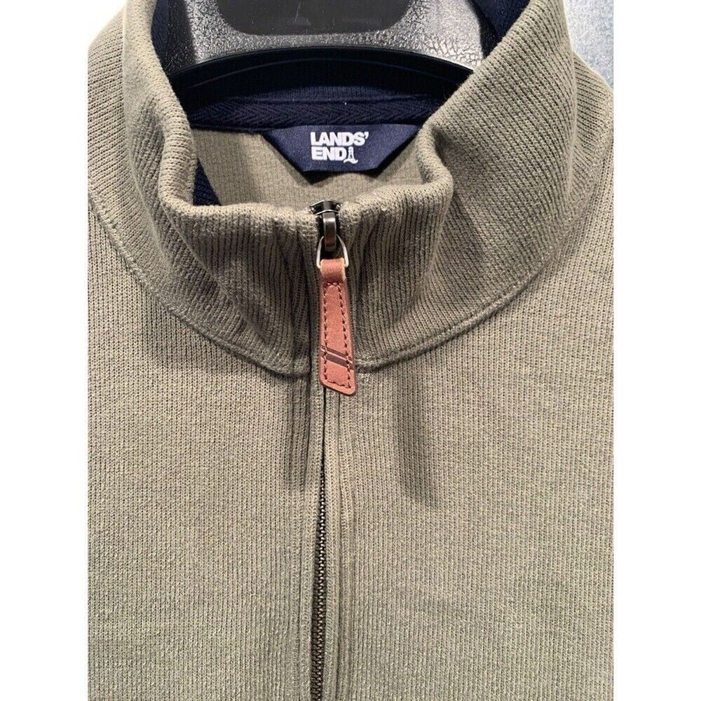 Sweater Lands End Mens 1/4 Zip Pullover Rib Knit Size L 42-44 Green Long Sleeve